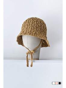 1pc Plain Simple Sweet Straw Bucket Hat, Ribbon Tie Design, Niche Fashion Versatile Breathable Hollow Foldable Beach Sun Hat For Resort