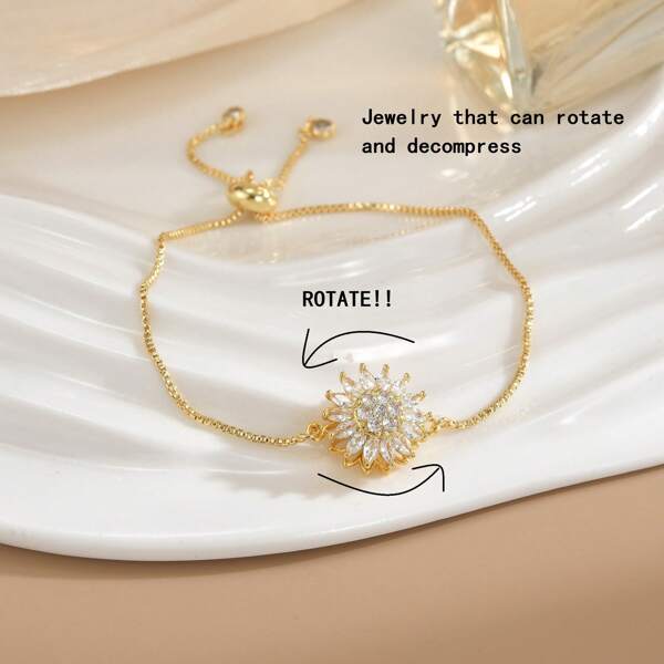 1pc Rotatable Gold Color Sun Flower Bracelet With Artificial Zirconia, Daily Wear Gold Flower Bracelet/Bangle For Women, Best Gift For Wife/Best Friend, Festivals