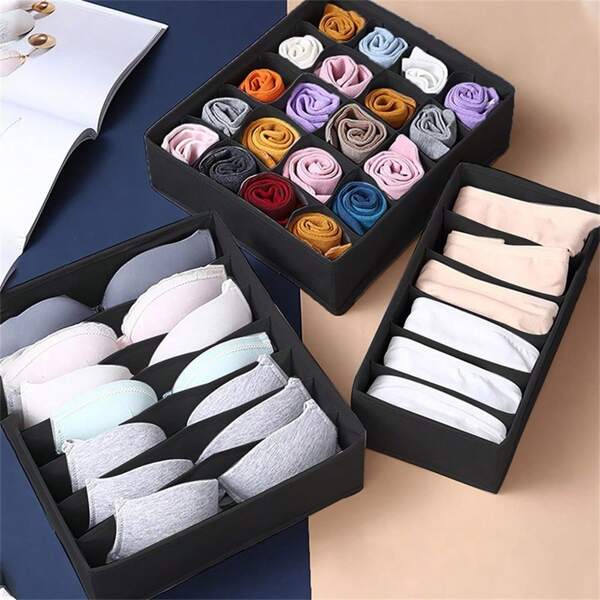 1/3pcs Foldable Wardrobe Storage Box, Black Multi-Purpose Storage Container For Underwear, Handkerchief, Tie, Belt, Socks, And Garments, Collapsible Design, Moisture And Mildew Proof