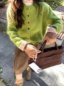 Women's Colorful Button Design Round Neck Cardigan Sweater, Autumn/Winter - Green - View 5