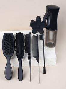 7件套美发造型工具套装（含200毫升透明喷雾瓶），包含：梳子套装（梳子、9齿梳、尖尾梳、边缘梳、尖尾梳）、硅胶头皮按摩器、沐浴刷、喷雾瓶、花朵造型夹、旅行必备美发配件，适合所有发质（粉色、紫色、黑色），美发造型套装，美发工具套装，学生必备 - 彩色 - 查看 9