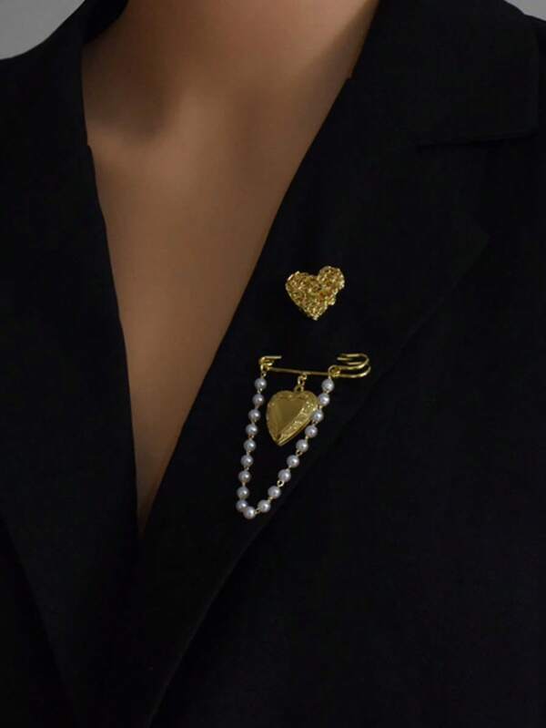 2 Piece/Set Gold/Silver Color Heart Pendants Brooch Pins Badge Pearls Chains Brooches For Women Men Daily Leisure Parties Elegant Suit Deremonial Dress Decorative Wearing Accessories Ornaments