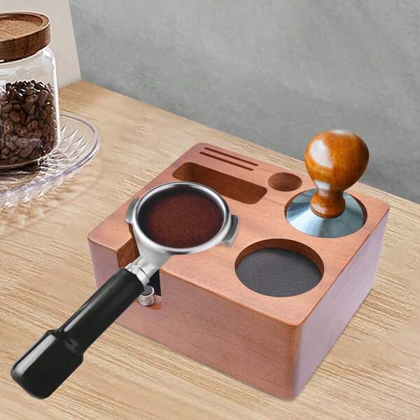 Station de tassement expresso de 58 mm en noyer massif - Station de travail barista avec base anti-pression et support de tassement pour organiseur de comptoir