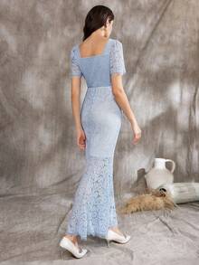 蓝色花卉蕾丝中长连衣裙优雅办公室春夏女装 - 藍色 - 查看 7