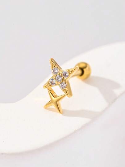 قرط معدن من الفولاذ المقاوم للصدأ و سبيكة النحاس مرصع بالزركونيا على شكل خماسي النجوم ، بسيط وعصري قطر الشريط 1.2 مم بطول 6 مم