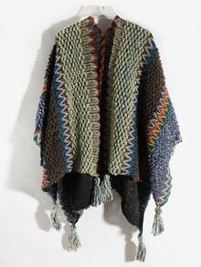 1pc Women's Fashion Multi-Color Wavy Pattern Bohemian Style Knitted Windproof Warm Tassel Shawl Poncho, Suitable For Daily, Travel, Shopping Outings (May Have A Stimulating Odor, Which Is Normal. After Receiving, Can Be Aired Outside) For Dress - Multicolor - View 12