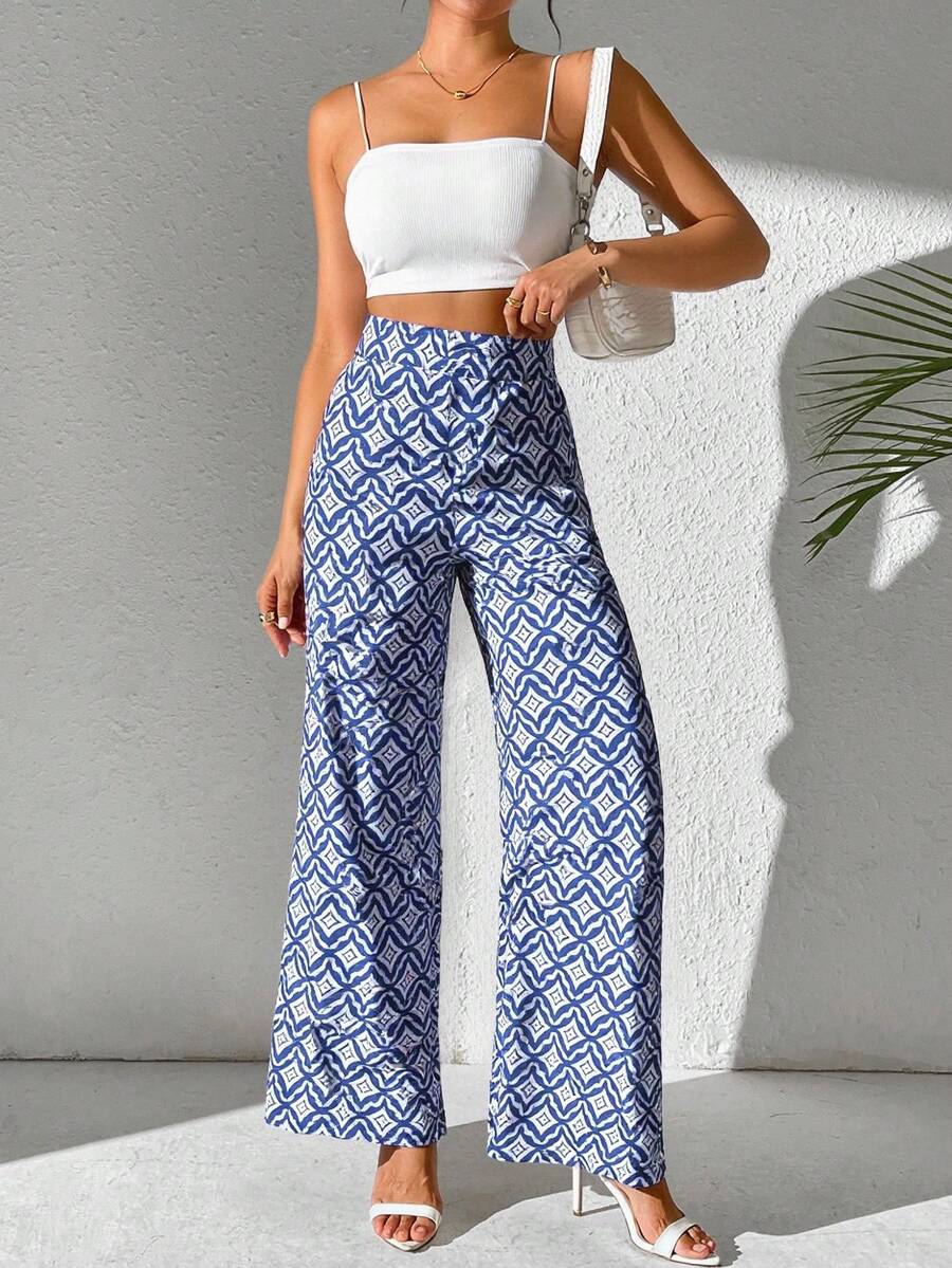 Pantalones mujer dama rectos pierna ancha Estampados Elegancia Veraniega casual diario fresco primavera verano - AzuL Rey/Blanco - Ver 1