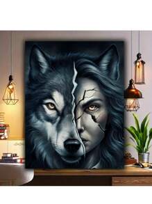 Wolf And Face Full Round Diamond Art And Diy Diamond Painting Crafts For Home Wall Decor, Canvas Material, Halloween Theme,Frameless