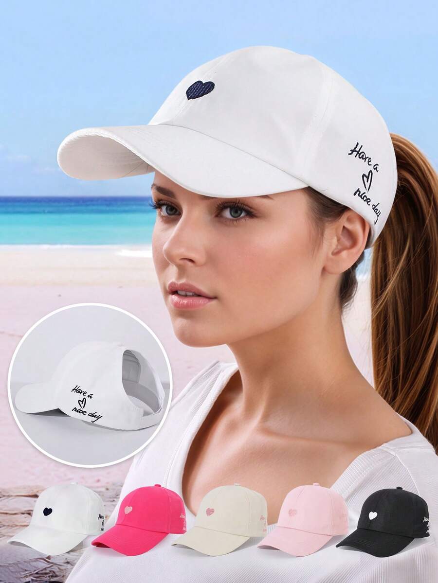 1pc Women's Heart Embroidered High Ponytail Sun Protection Half Open Top Baseball Cap - 1PC Solid Color - View 1