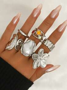 6 pièces/Set Ensemble de bagues ouvertes exagérées décorées de fleurs métalliques vintage et de faux perles