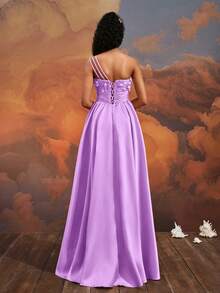 VIPGIRL Rochie de seară liliac cu un umăr, model floral 3D, liliac, linie A, rochie elegantă de bal din tul despicat, rochie de domnișoară de onoare, rochie formală, rochie de absolvire, rochie de invitată la nuntă, rochie de petrecere lungă până la podea, rochie de primăvară-vară