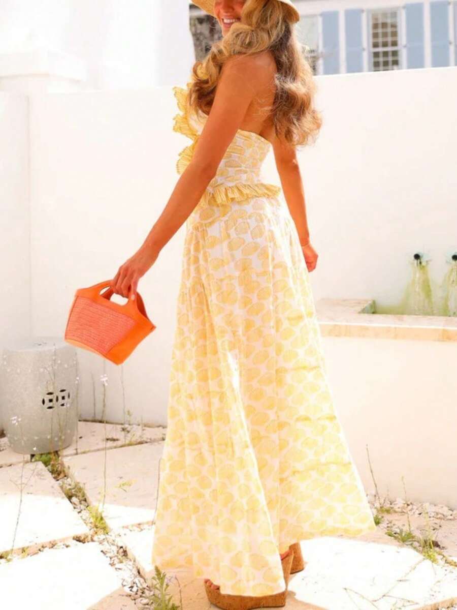 Women Summer Ruffle Halter Top And Flowy Maxi Skirt Sets Y2K Floral Print Backless Crop Tops Long Skirt 2Pcs Boho Beach Vacation Going Out Outfits - 黃色 - 查看 1