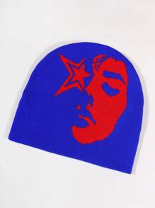 1pc Face Pattern Intarsia Knit Beanie Hat, Fashionable Y2K Vibe, Warm And Windproof