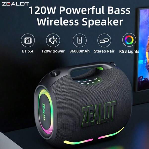 ZEALOT Zealot-ZE01 Altoparlante senza fili ad alta potenza da 120W | Durata della batteria di 24000mAh e 5 ore, impermeabile IPX6 e power bank mobile con uscita 5V/2A, riproduzione da scheda TF per feste all'aperto, cantieri, spiaggia, campeggio