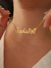 Collar con colgante personalizado de acero inoxidable con alfabeto inglés y mariposa, joyería de placa con nombre personalizada, accesorios diarios elegantes, vintage, unisex, hipster, simples, casuales, personalizados, únicos, regalos ideales para él, ella, novio, novia, papá, mamá, familia, amigos, para aniversarios, cumpleaños, graduación, fiesta, joyería de oro