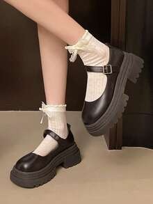 厚底圆头高跟时尚搭扣浅口鞋，粗跟一脚蹬休闲纯色平底鞋 - 黑色 - 查看 4