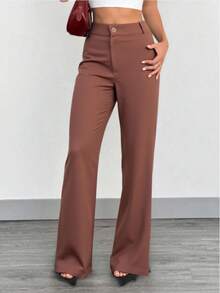 Women's Tailored Flare Pants With Fake Pockets At The Back - Rust Brown - View 2