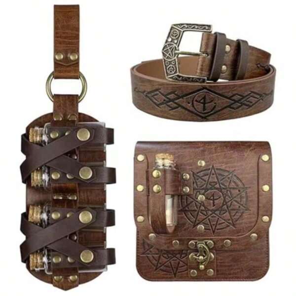 Bolsa de botella de poción medieval de estilo vikingo nórdico vintage de piel sintética marrón unisex con cinturón, apta para uso diario y disfraz de fiesta