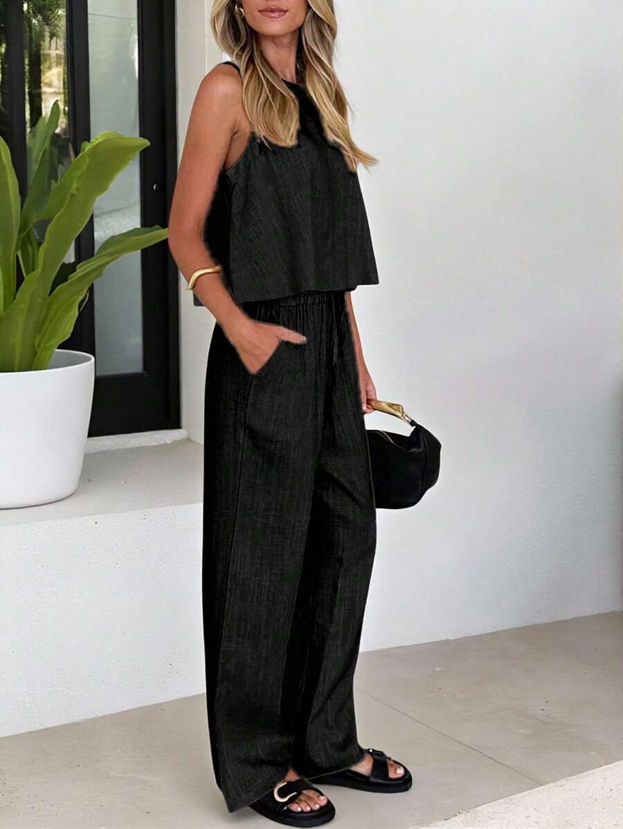 Women's Linen-Like 2 Pieces Summer Outfit - Sleeveless Top And Elasticated Waist Pocket Pants, Casual & Suitable For Vacation, Commute - Black - View 1