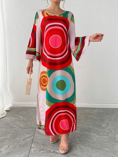1 pieza Vestido largo de mujer con estampado bohemio, cuello en V, mangas acampanadas y abertura alta en el muslo, vestido de fiesta elegante de estilo árabe casual