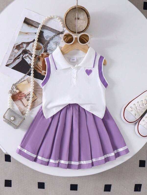 2pcs Girls School Sports Collar Heart Embroidered Sleeveless Tank Top And Pleated Skirt Set, Summer