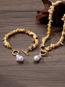 女士绿松石碎片和仿巴洛克珍珠首饰套装，包含 2 件简约合金时尚配饰，适合日常佩戴 - 项链和手链套装 - 黃色 - 查看 4