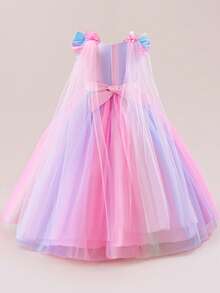 Girls Colorful Ombre Dress, Children Rainbow Princess Butterfly Sleeve Tulle Ball Gown Puff Skirt Flower Trailing Special Occasion Party Long Dress For Little Girls Wedding Birthday Festival - Multicolor - View 3