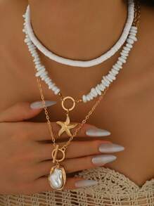 3pcs/Set Bohemian Style Minimalist Choker Necklace Set With Natural Stone, Alloy Starfish Pendant, Oversized Irregular Faux Pearl Pendant And Lobster Clasp, Suitable For Daily Wear, Vacation, Party