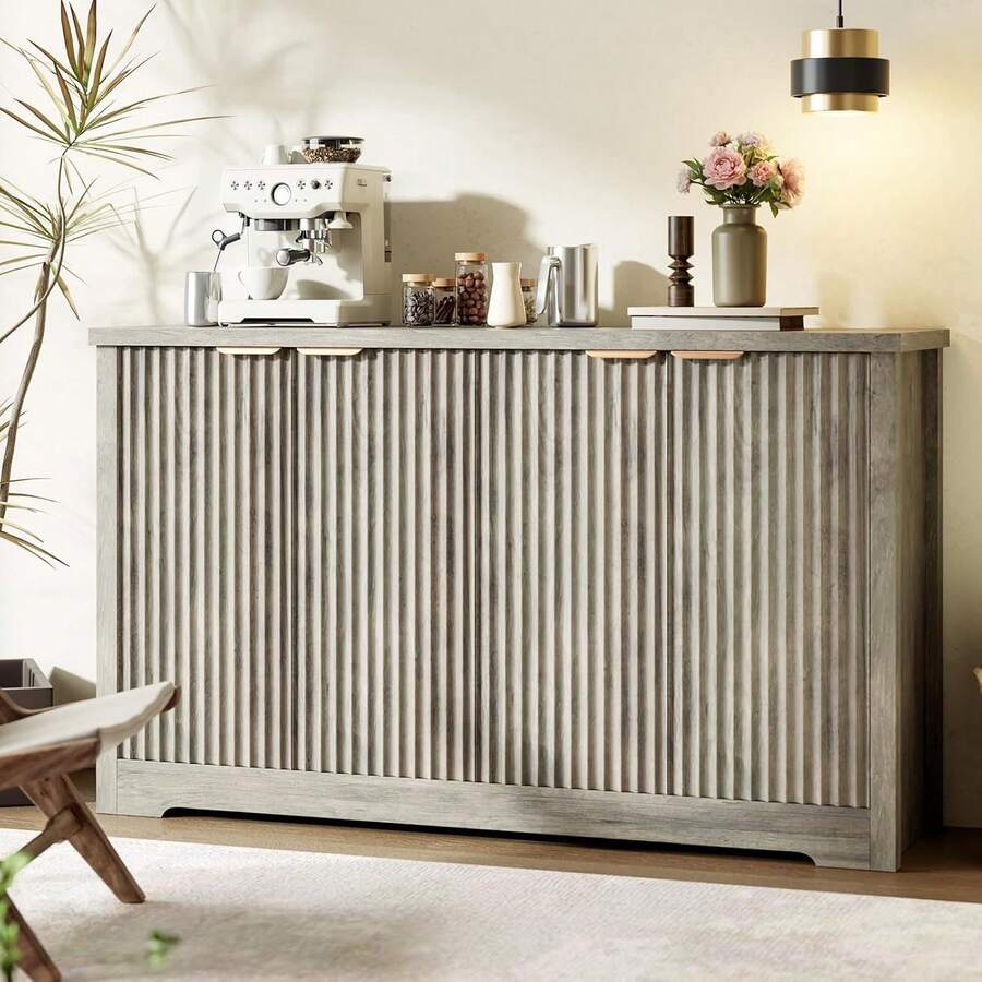 Fluted Sideboard Buffet Cabinet With Storage,Modern Credenza With Doors & Shelves,Media Console,Wood Storage Console Coffee Bar Wine Bar Cabinet Table For Living Room,Entryway,Hallway - Xám - Xem 1