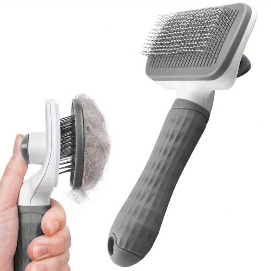 1 Piece Dog And Cat Hair Cleaning Massage Comb, Fast Combing, One Click Automatic Hair Removal, Pet Massage Comb, Comfortable Hair Cleaning, Cats And Dogs Love To Comb Clean, Relieve Stress, And Improve Fur Health - 灰色 - 查看 1