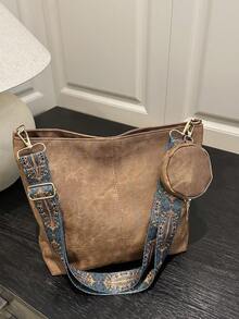 2件套欧美时尚手提包、单肩包、托特包，大容量，高品质，通勤包，水桶包，女士包 - 棕色 - 查看 9