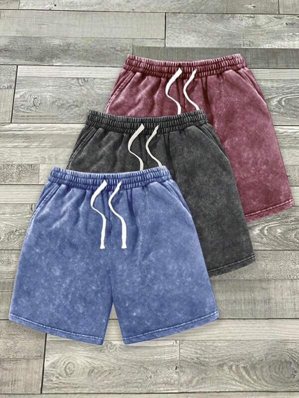 Set de 3 pantalones cortos para hombre de verano, de tela lavada de color liso y ligera, shorts casuales de streetwear para exteriores, playa, deporte y carrera, con bolsillos con cordón