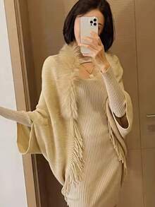 Elegant 1pc Autumn & Winter Fashionable Knitted Shawl With Thick Collar, Fringes & Tassel Design, Suitable For Qipao, All-Matching Style - White - View 5
