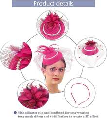 Ibeauti Fascinator Hats With Screentouch Lace Gloves Set Women Tea Party Cocktail Wedding Derby Headwear Short Gloves - 01 亮粉色 - 查看 2
