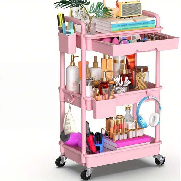 3/4 Tier Durable Plastic Rolling Cart - Multipurpose Storage Cart With Drawers And Lockable Wheels - For Kitchen, Bathroom, Office And Living Room - Includes Utility Accessories Like Cup Holder And Hooks - Easy Assembly Storage Cart