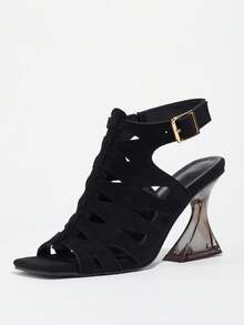 Women's Black Buckle Ankle Boots, High Heels Square Toe Design - Fashionable Summer Shoes, Stylish Everyday Wear Boots | Short Boots | Suede Casual Fashion Transparent High Heel Boots Solid Color Sexy Party Vacation Fashionable Avant-Garde Elegant Casual Commuter Business Outdoor Luxurious Lolita Style Nightclub Buckle Hollow-Out Women Black Buckle Ankle Boots For Holidays, Weddings, Parties, Office, Outdoor, Spring, Summer, Autumn