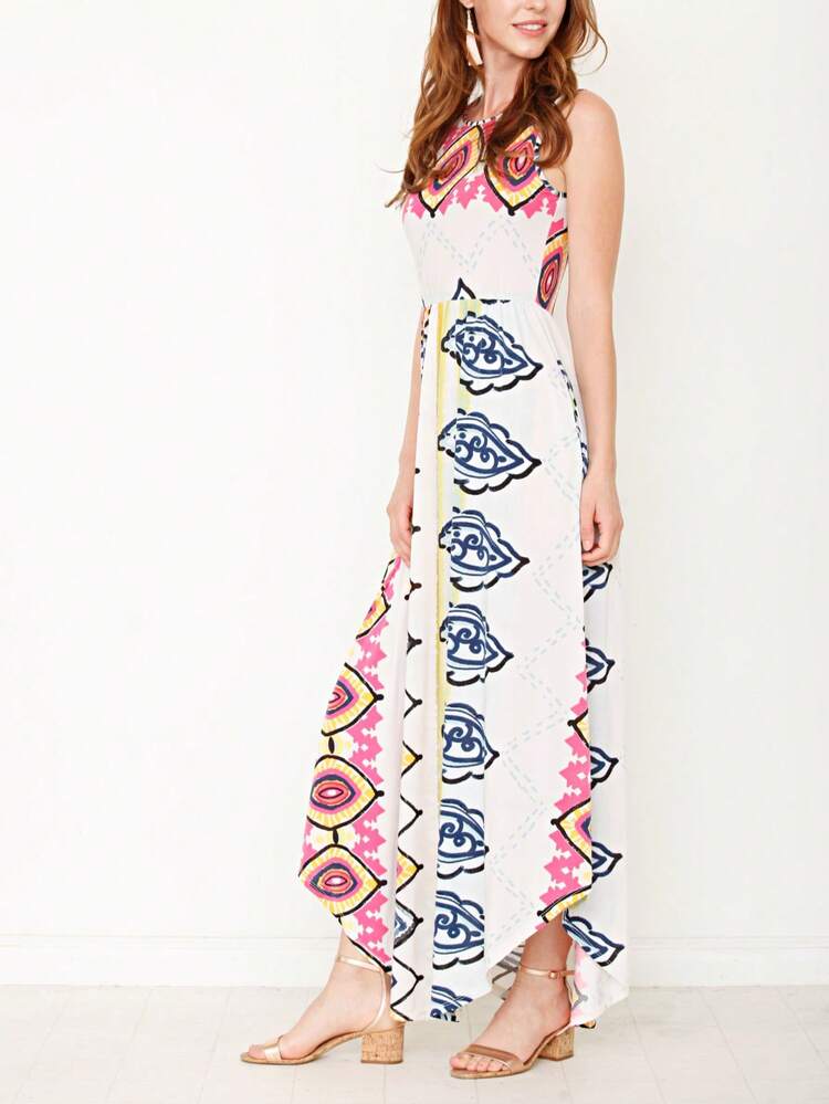 Boho Retro Polka Dot Rayon Mix Casual  Maxi Dress With Folded Cap Sleeve Side Pockets Versatile Summer Dress For Women - 玫紅色 - 查看 4