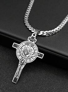 Colar com pingente de cruz cristã de Jesus CSPB INRI para mulheres e homens, corrente religiosa de aço inoxidável de São Bento
