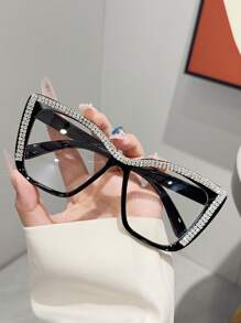 Ochelari de vedere supradimensionați cu ramă Cat-Eye la modă, 1 buc., cu lentile transparente și decor cu strasuri, accesoriu elegant personalizat, potrivit pentru asortarea modei de zi cu zi și pentru naveta zilnică.