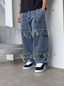 垃圾摇滚哥特 Y2K 风格时尚休闲流苏年轻街头个性学院运动宽松直筒阔腿百搭休闲男士牛仔裤 - 深色水洗藍 - 查看 3