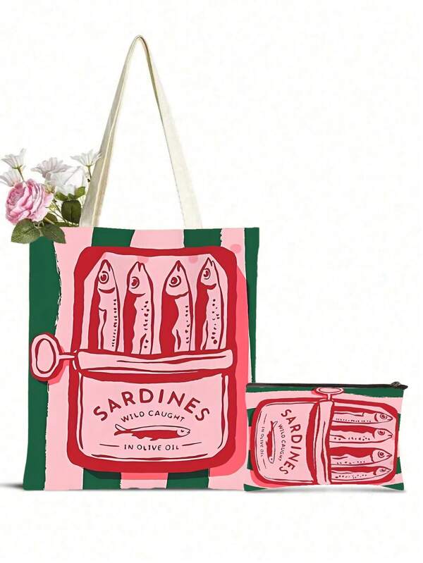 Women'S Reusable Tote Bag, Handbag And Cosmetic Bag Set - Colorful Minimalist Pink And Green Striped Sardines Can Print Polyester Shopping Bag, Fixed Shoulder Strap Design, Suitable For Beach, Picnic, Grocery And Food Storage