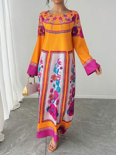 1 件女士高端定位花卉厚圆领长袖喇叭袖长裙，休闲阿拉伯风格连衣裙，优雅节日派对礼服，奢华晚礼服，阿拉伯时尚女士长袍，适合秋冬季