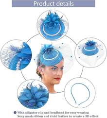 Ibeauti Fascinator Hats With Screentouch Lace Gloves Set Women Tea Party Cocktail Wedding Derby Headwear Short Gloves - 01 藍色 - 查看 2