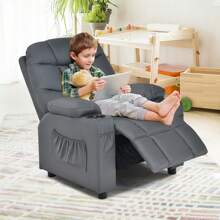 Kids Recliner Chair With Cup Holder, Adjustable Lounge Chair W/Footrest & Side Pockets For Children Boys Girls Room, Ergonomic Toddler Furniture Sofa, Kids Recliner (Grey)