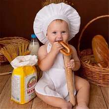 婴儿成长摄影道具厨师围裙和帽子套装，白色男婴和女婴厨房服装，首次厨师体验