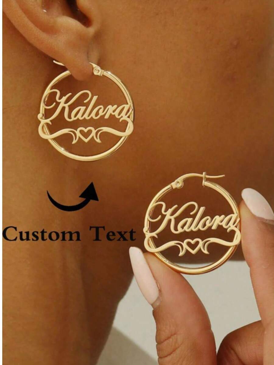 Brincos de Argola Personalizáveis em Aço Inoxidável com Coração e Nome - Perfeito para Aniversários, Formatura e Ocasiões Especiais - Presente Elegante de Estilo Boho, Prata, Dourado, Estiloso, Moda de Outono, Vintage, Dinheiro Antigo, Moda Anos 2000, Y2K, Personalizado