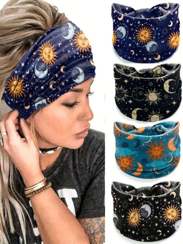 4pcs Moon & Sun Pattern Sports Headband, Elastic Soft Bohemian Style Yoga Hair Bands With Non-Slip Clasp, Stretchy Workout Headband, Versatile Hair Accessory For Daily Use, Valentine's Day Gift