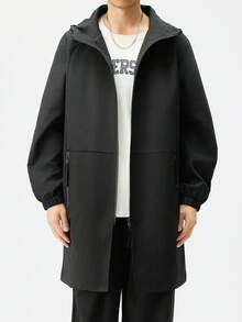 Plus Size Men's Solid Color Long Sleeve Hooded Long Jacket, Suitable For Autumn - Black - View 4