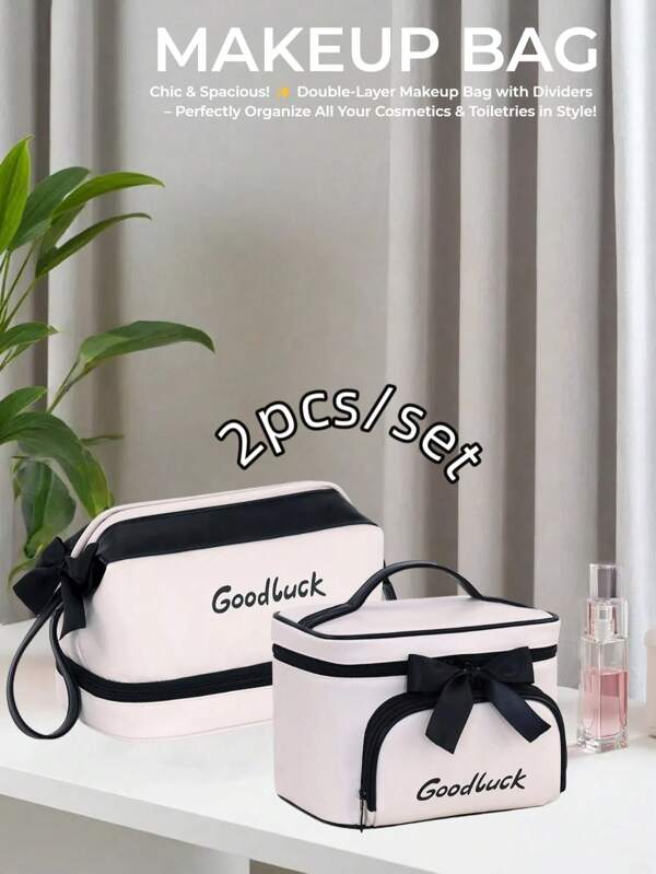Bolsa de maquillaje de PU con decoración de LAZO e impresión "Buena Suerte" para viajes - 2 piezas de organizador de cosméticos acolchado elegante, estuche de tocador de estilo de bolso de lujo minimalista (Estuche de vanidad impermeable, regalo perfecto para cumpleaños, inicio de temporada escolar, Día de San Valentín, uso diario)