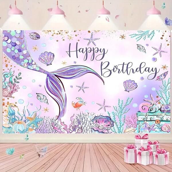 1 pezzo di telo da parete in stile sirena, nei colori viola e rosa, tema elegante e sognante, adatto per decorazione di feste di compleanno, cerimonie di crescita, studio fotografico e sfondi per foto, con motivi di conchiglie, coralli e glitter sottomarini, di dimensioni 210cm*150cm/150cm*100cm/100cm*75cm